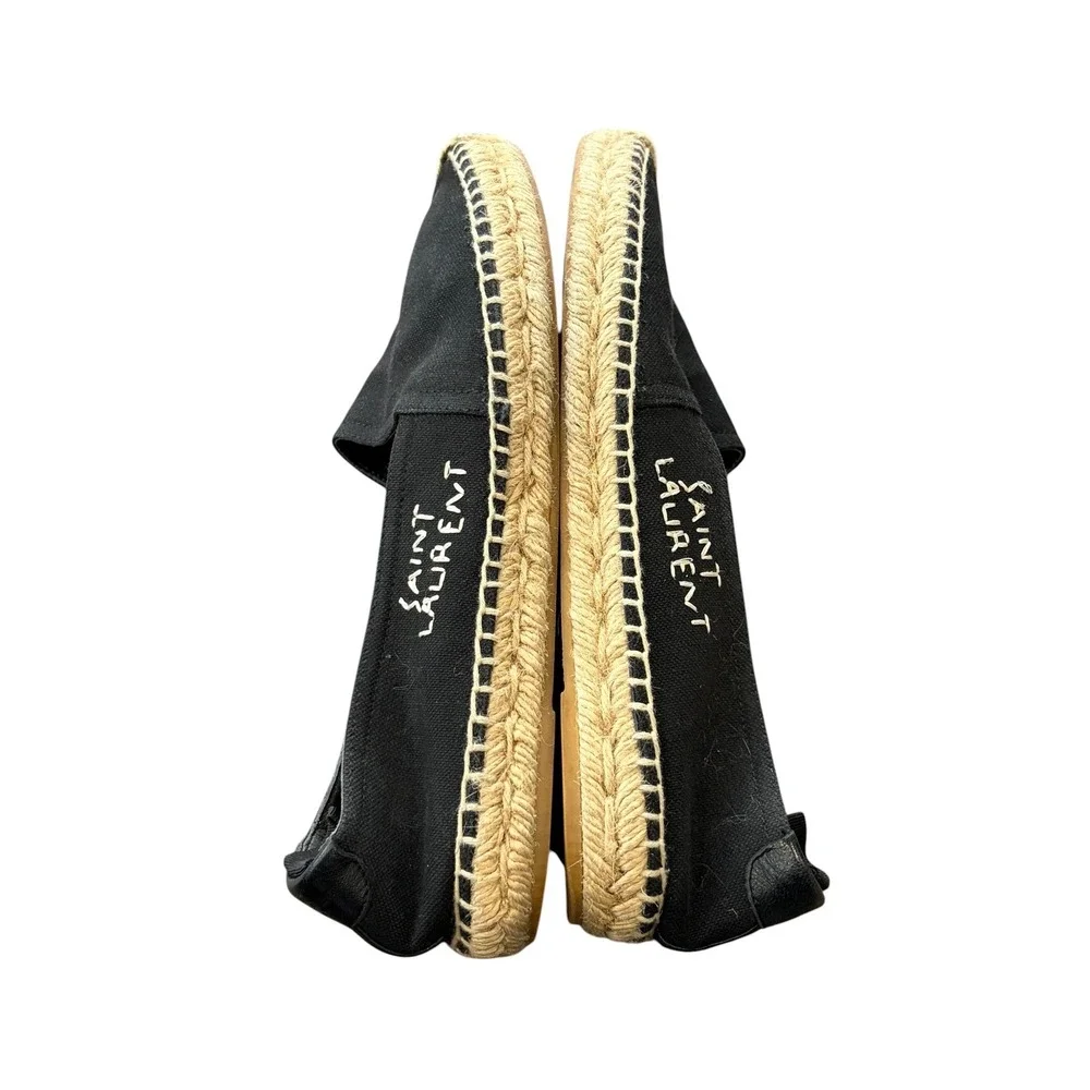 Saint Laurent Womens Espadrilles Flats Shoes Black Canvas Embroidered Logo‎ 37.5